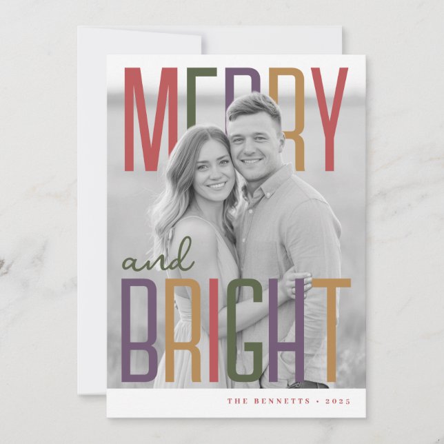 Tarjeta Festiva Merry & Bright Modern Colorful Photo Holiday Card (Anverso)
