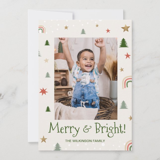 Tarjeta Festiva Merry Bright Modern Family photo Christmas icons (Anverso)