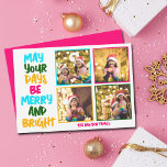 Tarjeta Festiva Merry Bright Navidades Collage de fotos Rosa<br><div class="desc">Cuestas y alegres tarjetas de vacaciones de collage de fotos familiares con una colorida cadena de luces de Navidades envueltas alrededor de la fotografía de tus hijos. Que tus días sean amargos y brillantes escritos en negrita, de azul claro a tu apellido de rosa caliente. Un arcoiris de colores para...</div>