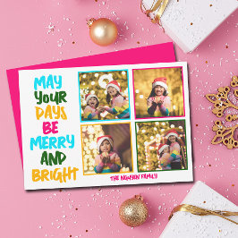 Tarjeta Festiva Merry Bright Navidades Collage de fotos Rosa