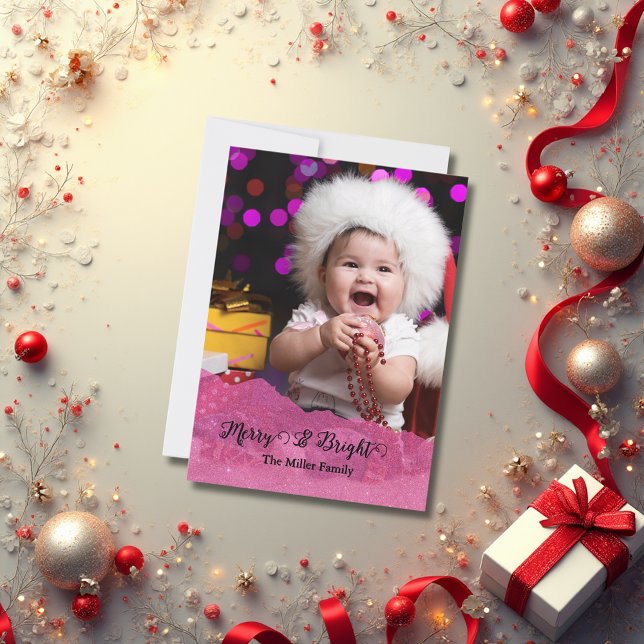Tarjeta Festiva Merry & Bright Pink Glitter Christmas Photo  (Subido por el creador)