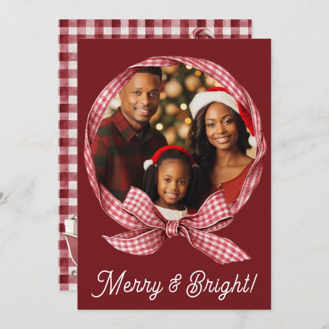 Tarjeta Festiva Merry & Bright Red Gingham Photo Holiday Christmas (Anverso / Reverso)