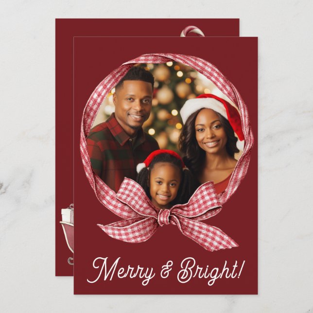 Tarjeta Festiva Merry & Bright Red Gingham Photo Holiday Christmas (Anverso / Reverso)