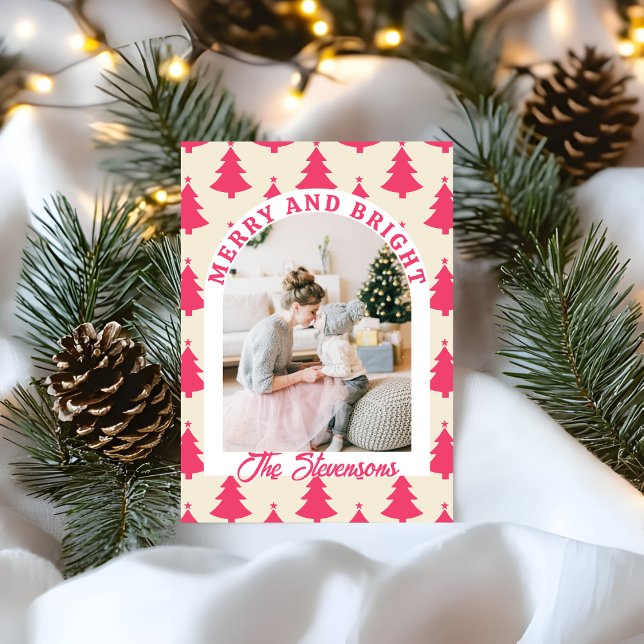 Tarjeta Festiva Merry & Bright Retro Arch Photo Pink Christmas (Subido por el creador)