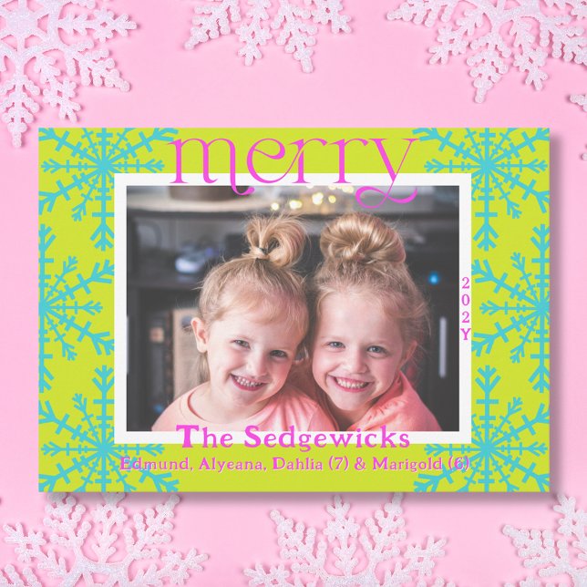 Tarjeta Festiva Merry Bright Snowflake Modern Maxima Photo (Bright Merry Snowflakes photo card in pear green, turquoise, and fuchsia.)