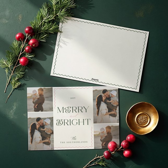 Tarjeta Festiva Merry & Bright Wavy Moderno Collage de fotos Mínim (Merry & Bright Wavy Modern Minimal 4 Photo Collage Holiday Card)
