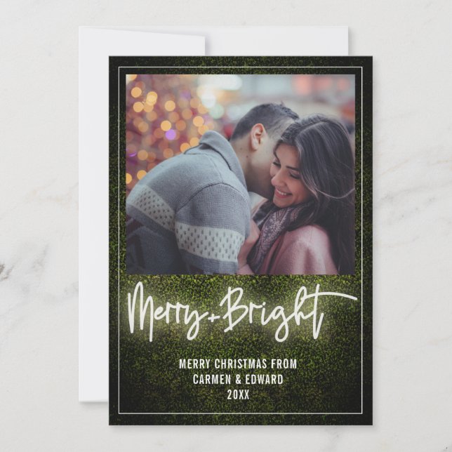 Tarjeta Festiva Merry + Bright White Neon Boxwood Christmas Photo (Anverso)