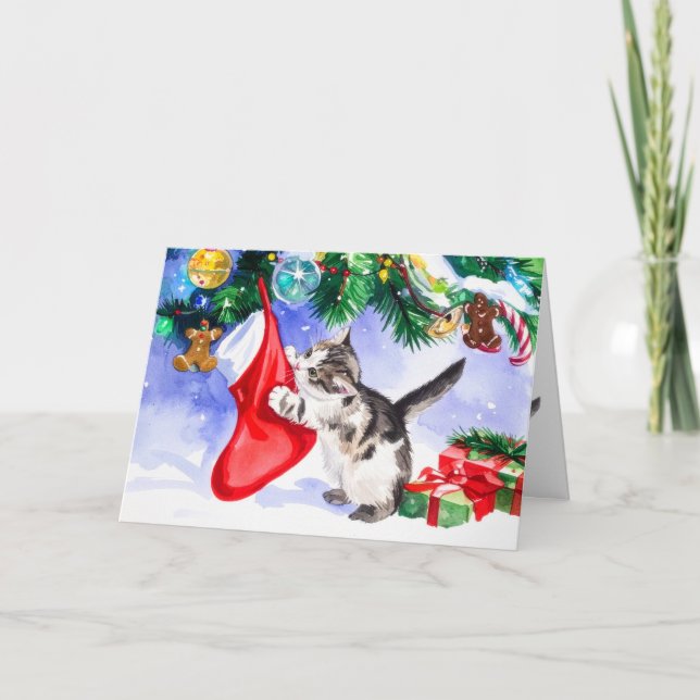 Tarjeta Festiva Merry Cat-mas Christmas Cute Adorable Kitten Xmas (Anverso)
