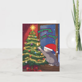 Tarjeta Festiva Merry Cat-mas Cute Design