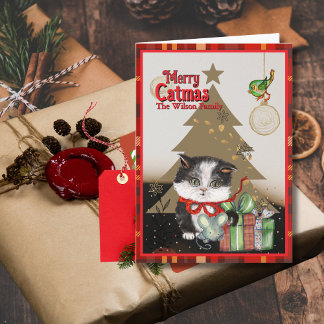 Tarjeta Festiva Merry Catmas Cute Kitten Christmas Red bow