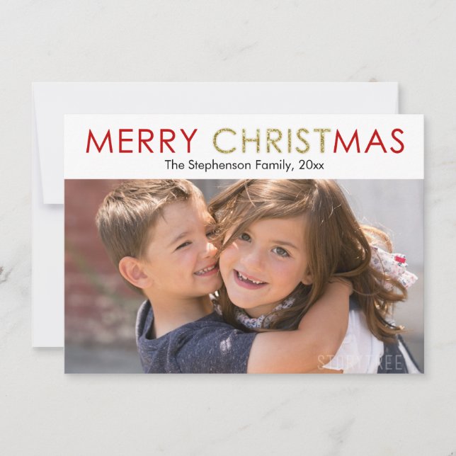 Tarjeta Festiva Merry Christ en Navidades Foto de Purpurina de oro (Anverso)