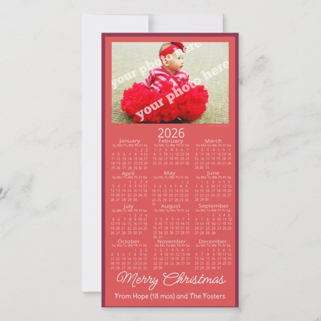 Tarjeta Festiva Merry Christmas 2026 Calendar Add Your Photo Red  (Anverso)