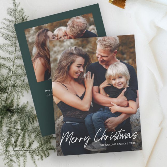 Tarjeta Festiva Merry Christmas 2 Photo (Modern Hand Lettered Merry Christmas 2 Photo Holiday Card.)