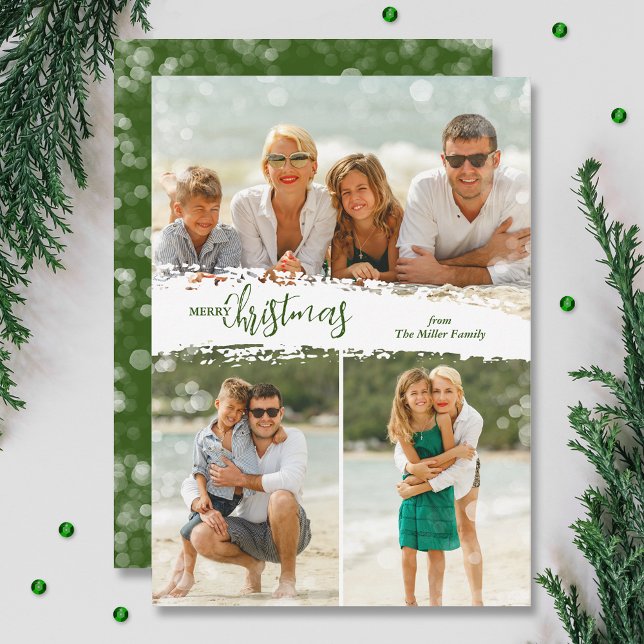 Tarjeta Festiva Merry Christmas 3 Photo Collage Holiday Card (Green Merry Christmas 3 photo grid collage holiday cards, PRINTED and/or INSTANT DOWNLOAD)