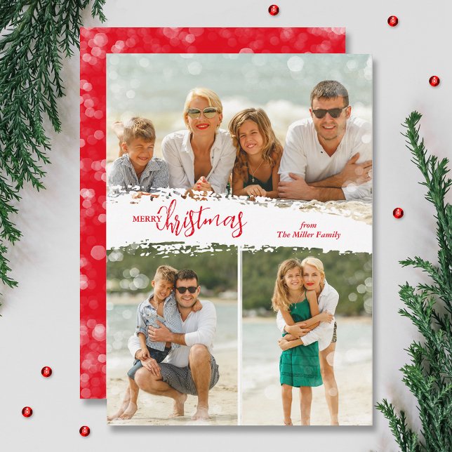Tarjeta Festiva Merry Christmas 3 Photo Collage Holiday Card (Red Merry Christmas 3 photo grid collage holiday cards, PRINTED and/or INSTANT DOWNLOAD)
