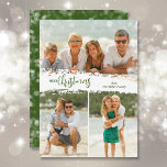 Tarjeta Festiva Merry Christmas 3 Photo Collage Holiday Card<br><div class="desc">Multi-photo Christmas holiday cards feature Merry Christmas in chic lettering on a splash of snow in the middle. Just upload three photos and add your family greeting and names on the back. *CHANGE the color on the back with our Editing Tool. Select High Definition for best photo quality.</div>