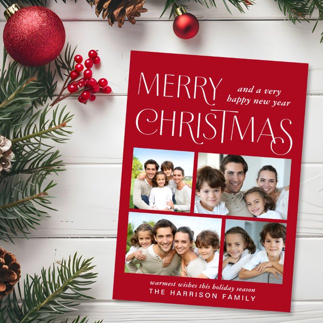 Tarjeta Festiva Merry Christmas 4 Photo Red (This holiday season, let your family's smiles and heartwarming memories shine on our 4 photo card)