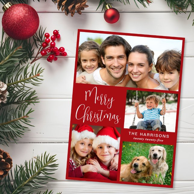 Tarjeta Festiva Merry Christmas 4 Photo Red (Share the love and warmth of the season with your personalized photo Christmas card)