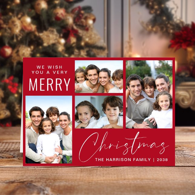 Tarjeta Festiva Merry Christmas 4 Photo Script Red (This holiday season, let your family's smiles and heartwarming memories shine on our 4 photo card)