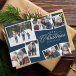 Tarjeta Festiva Merry Christmas 7 photo collage navy blue elegant<br><div class="desc">This seven-photo holiday card features an elegant Merry Christmas type treatment and room for custom text. The collage of photos makes it a perfect family Christmas card for sharing the year's highlights or the best of a family photo session. The navy blue and white colors are festive and the variety...</div>