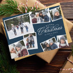 Tarjeta Festiva Merry Christmas 7 photo collage navy blue elegant<br><div class="desc">This seven-photo holiday card features an elegant Merry Christmas type treatment and room for custom text. The collage of photos makes it a perfect family Christmas card for sharing the year's highlights or the best of a family photo session. The navy blue and white colors are festive and the variety...</div>