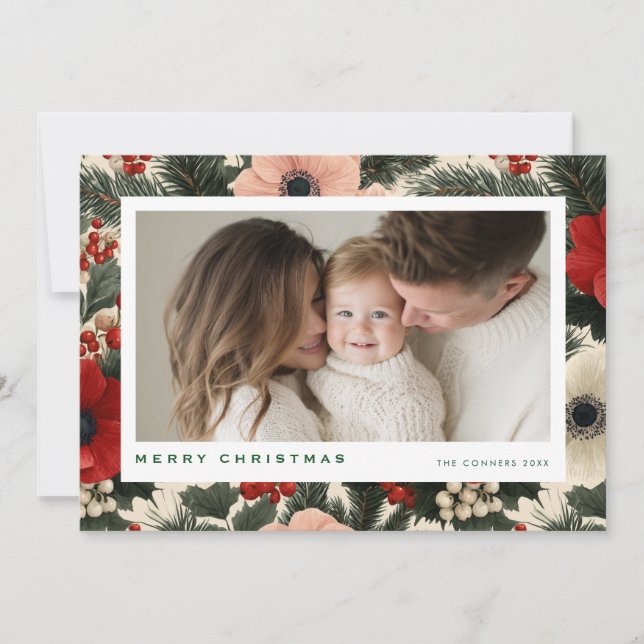 Tarjeta Festiva Merry Christmas Anemone Floral Background (Anverso)