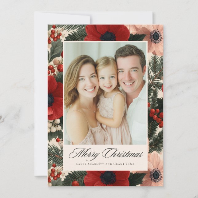 Tarjeta Festiva Merry Christmas Anemone Floral Background holiday  (Anverso)