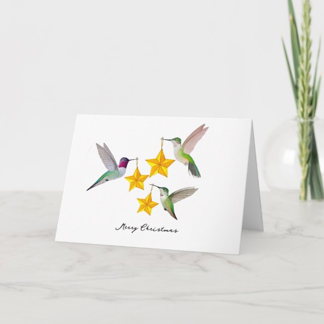 Tarjeta Festiva Merry Christmas Anna's Hummingbirds and Stars  (Anverso)