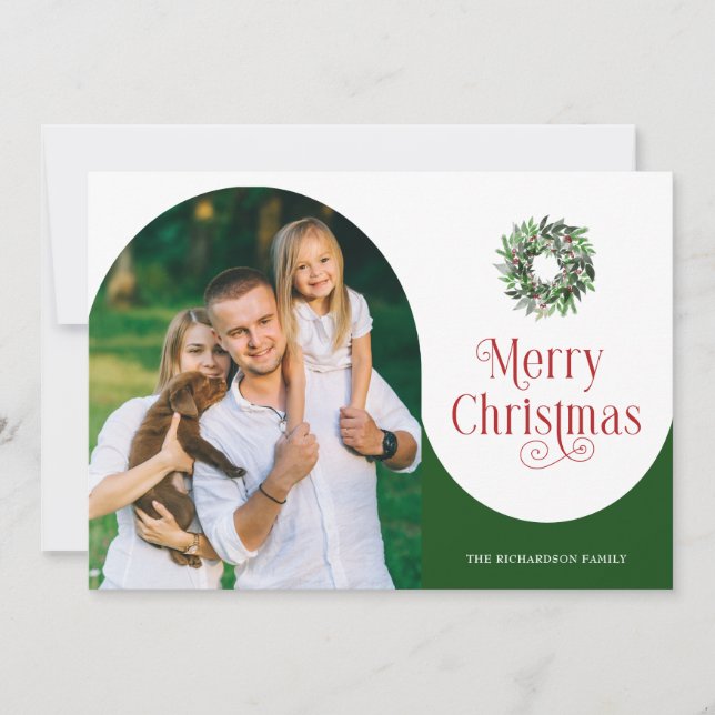 Tarjeta Festiva Merry Christmas Arch Photo Message Green (Anverso)