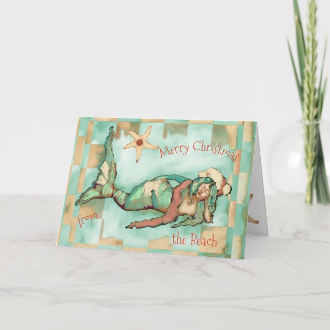 Tarjeta Festiva Merry Christmas Beach Mermaid Santa Hat Personaliz (Anverso)