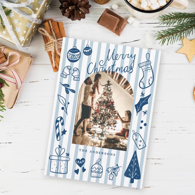 Tarjeta Festiva Merry Christmas Blue Hand Drawn Favorite Things (Subido por el creador)