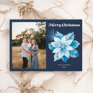 Tarjeta Festiva Merry Christmas Blue Poinsettia