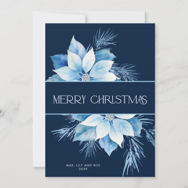 Tarjeta Festiva Merry Christmas Blue Poinsettia (Anverso)