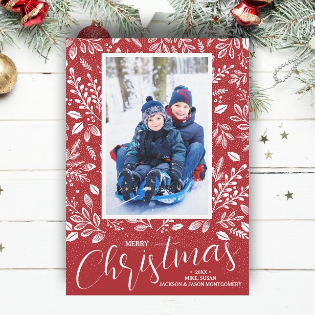 Tarjeta Festiva Merry Christmas Botanicals on Red Photo (White botanicals on red Merry Christmas photo holiday cards, PRINTED and/or INSTANT DOWNLOAD)