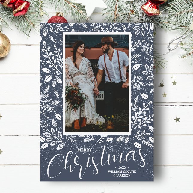 Tarjeta Festiva Merry Christmas Botanicals Photo Denim (White botanicals on blue Merry Christmas photo holiday cards, PRINTED and/or INSTANT DOWNLOAD)
