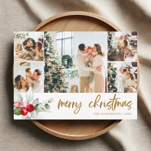 Tarjeta Festiva Merry Christmas Brush Script Red Berry
