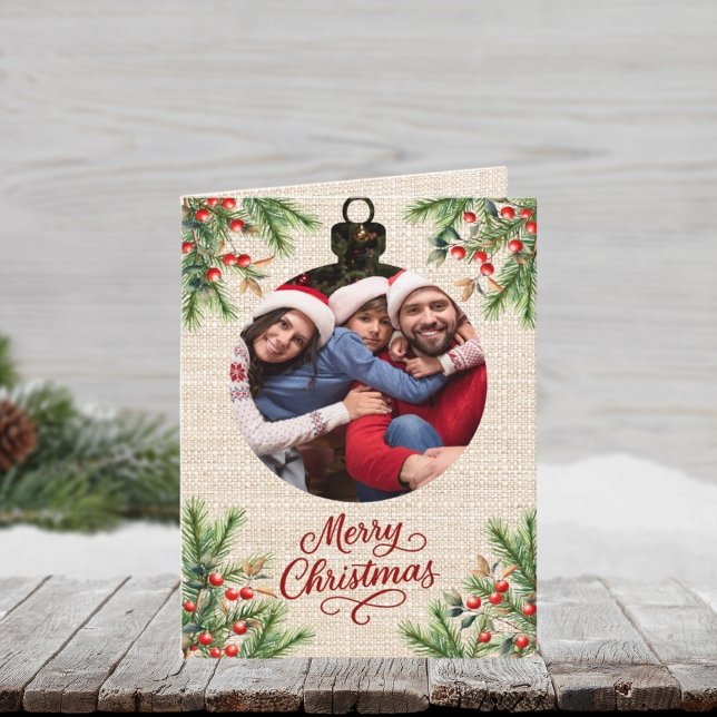 Tarjeta Festiva Merry Christmas burlap foto año de revisión (Subido por el creador)