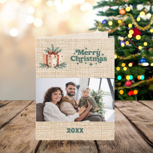 Tarjeta Festiva Merry Christmas burlap foto año de revisión