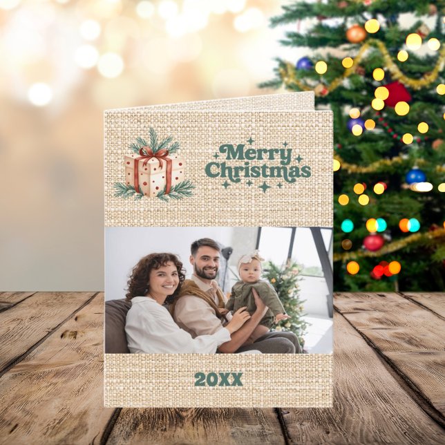 Tarjeta Festiva Merry Christmas burlap foto año de revisión (Subido por el creador)