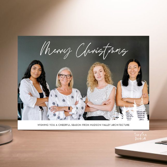 Tarjeta Festiva Merry Christmas Business Team Photo Pine Trees (Merry Christmas Business Team Photo Pine Trees Holiday Card in Black and White)