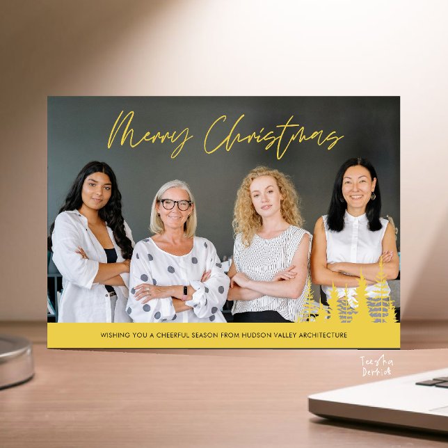 Tarjeta Festiva Merry Christmas Business Team Photo Pine Trees (Merry Christmas Business Team Photo Pine Trees Holiday Card in Yellow Gold)