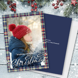 Tarjeta Festiva Merry Christmas Caligraphy Script Navy Blue Plaid