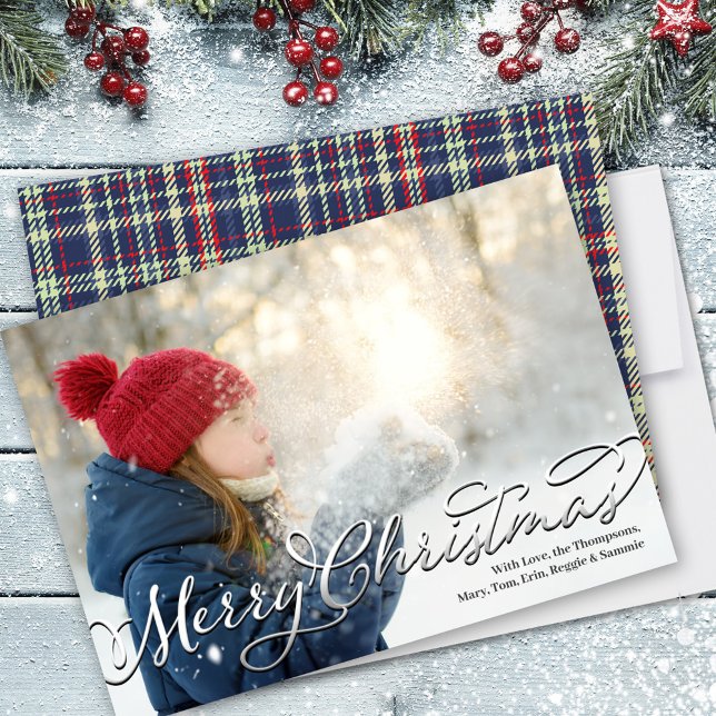 Tarjeta Festiva Merry Christmas Caligraphy Script Navy Blue Plaid (Merry Christmas Calligraphy Script photo greeting card)