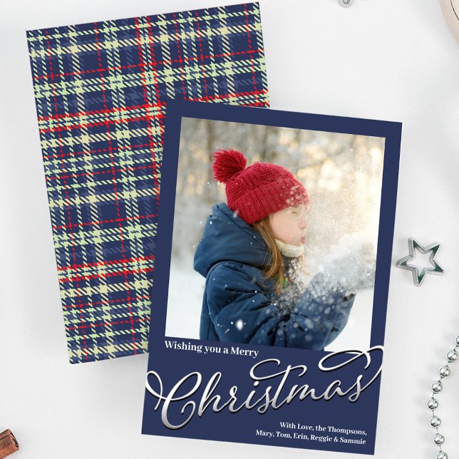 Tarjeta Festiva Merry Christmas Caligraphy Script Navy Blue Plaid (Merry Christmas Navy Blue winter plaid holiday photo card.)