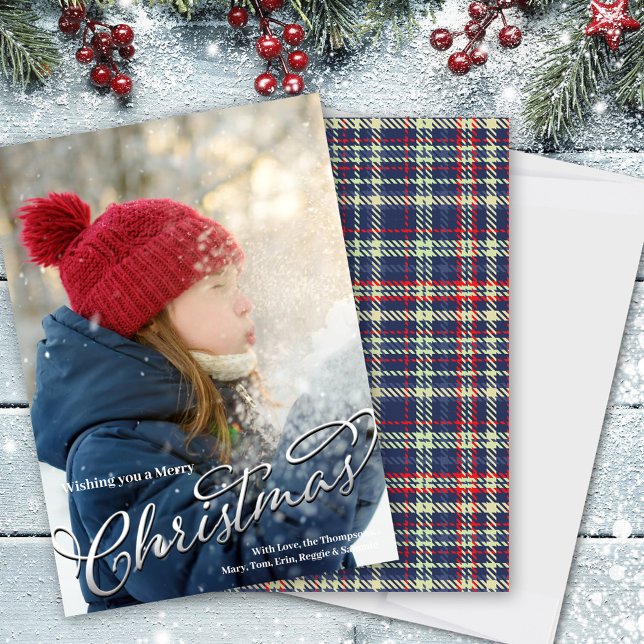 Tarjeta Festiva Merry Christmas Caligraphy Script Navy Blue Plaid (Merry Christmas calligraphy elegant silver script. )
