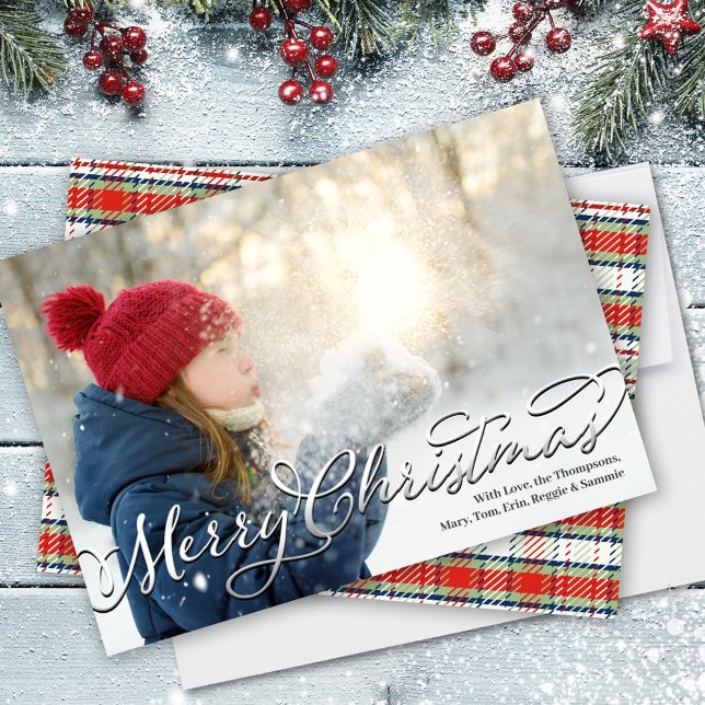 Tarjeta Festiva Merry Christmas Caligraphy Script Red Plough (Merry Christmas Calligraphy Script Photo Greeting Card)