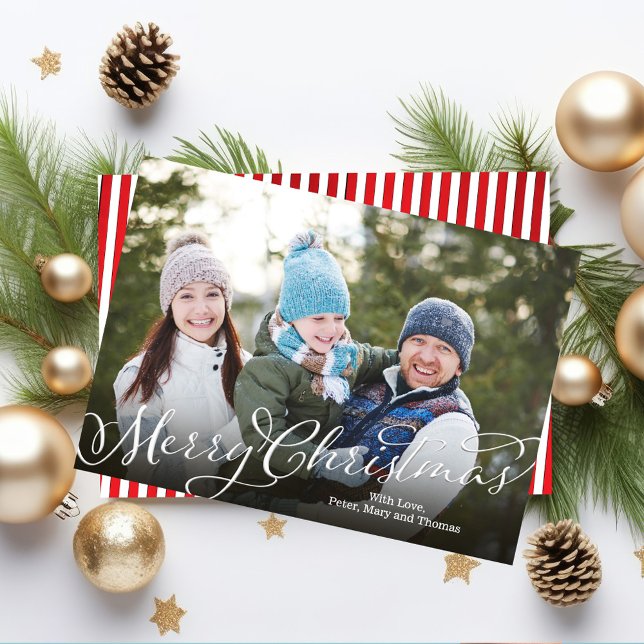 Tarjeta Festiva Merry Christmas Caligraphy Script Red Stried (Merry Christmas calligraphy script photo card with candy cane striped on the back. )