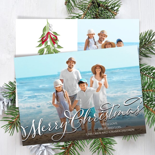 Tarjeta Festiva Merry Christmas Caliligraphy Script Silver Photo (Merry Christmas calligraphy script photo card.)