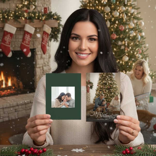 Tarjeta Festiva Merry Christmas Calligraphy Script Family Photo (Subido por el creador)