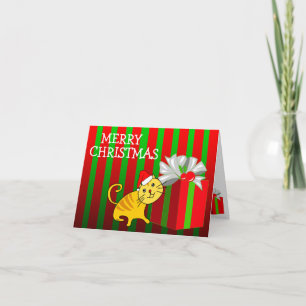 Tarjeta Festiva Merry Christmas Card Cat Gift Box